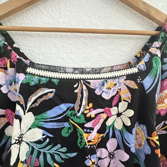 C&C California Blouse Womens XL Black Floral Boho Linen Peasant Top Long Sleeve‎ - Picture 2 of 10